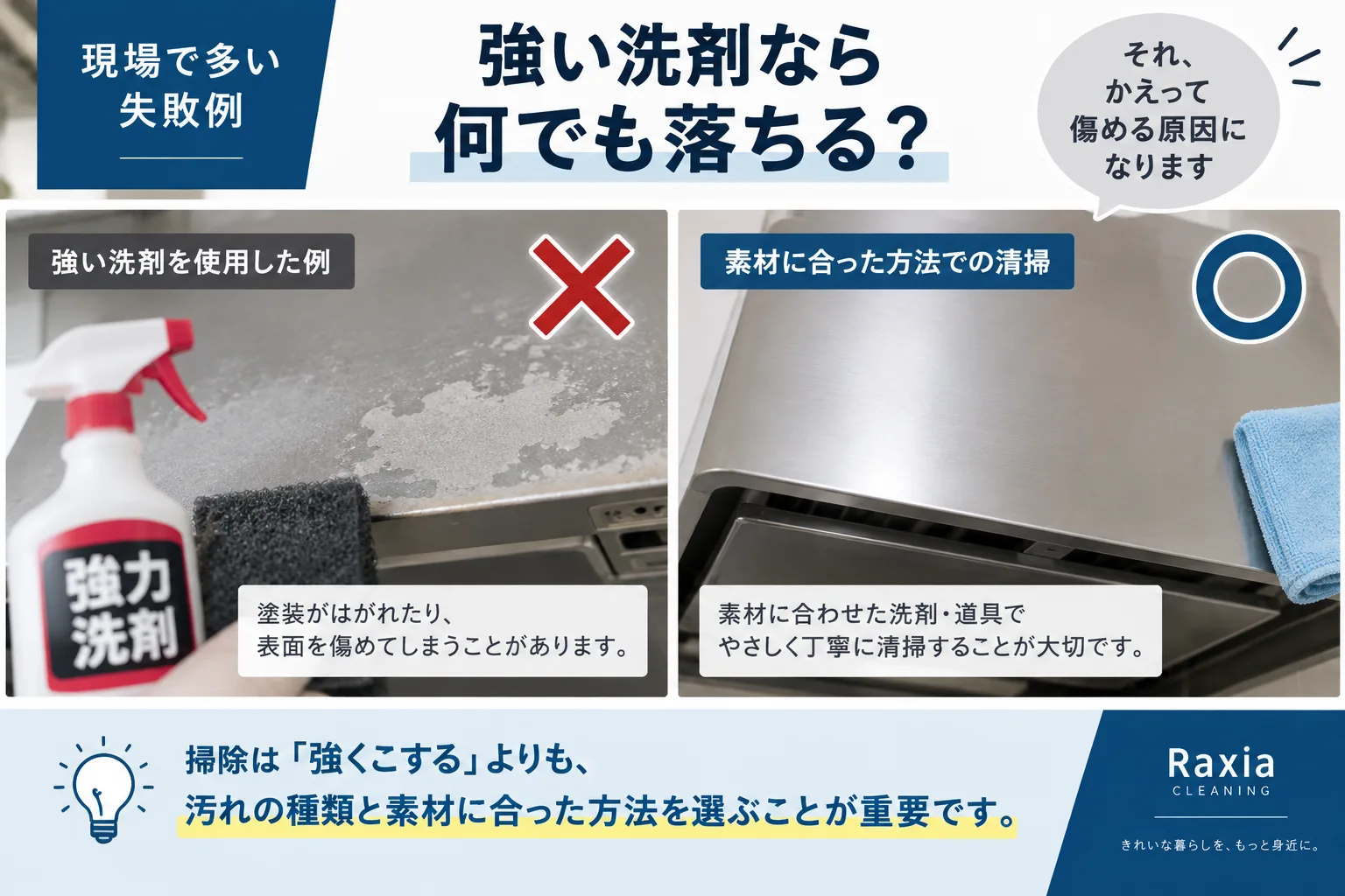 現場で多い失敗は「強い洗剤なら何でも落ちる」と考えてしまうこと